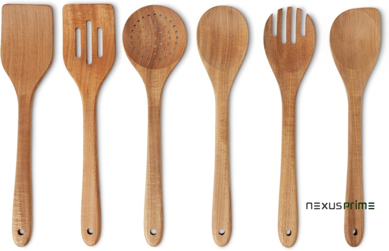 Utensili da Cucina in Legno, Set di 6 Pezzi, Legno di Acacia, Pre-Trattati con Olio, Sicuri per l’Uso con le Pentole