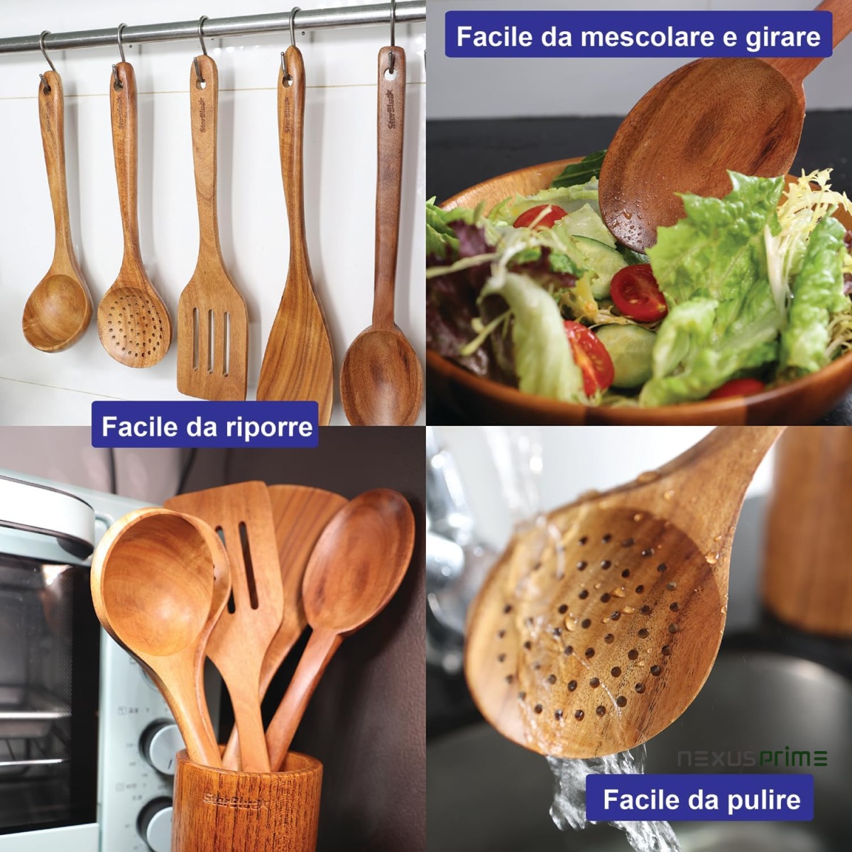 StarBlue - Set Di Utensili Da Cucina In Legno Di Acacia Da 6 Pezzi; Resistenti Spatole Antigraffio Per Pentole Antiaderenti; Set Di Spatole Ecologiche Ed Ergonomiche Con Apposito Contenitore In Legno - Asset